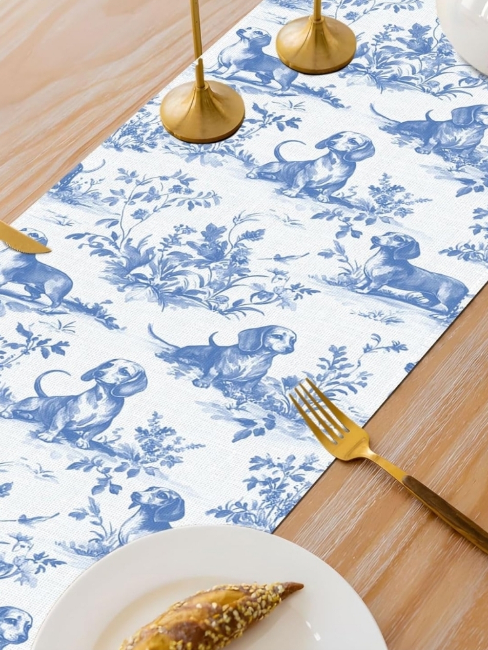 NEW! Blue Toile Dachshund Table Runner 13x72 - Picture 3 of 4